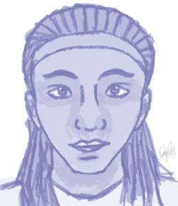 Image Description: A woman with a headband and dreadlocks is shown with a slight smile on her face. Drawn by SJG.